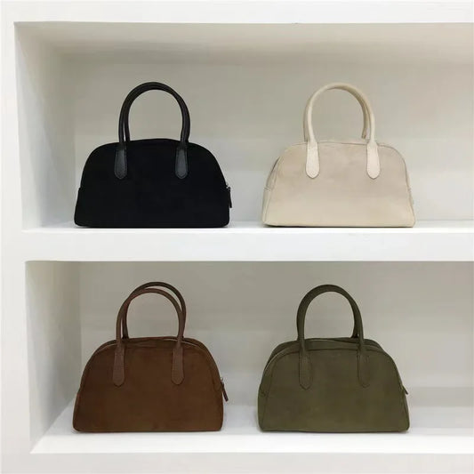 Autumn Winter 2023 New Korean Small Batch Suede Boston Retro Handbag Women's Bowling Bag Handheld Bag Female Style Handbag