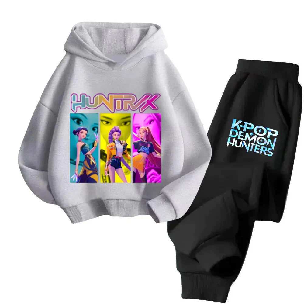 Autumn KPop Demon Hunters Huntrix Hoodies + Pants Suit Kids Long Sleeve Pullover Girls Boys Clothes Comfortable Children Outfits