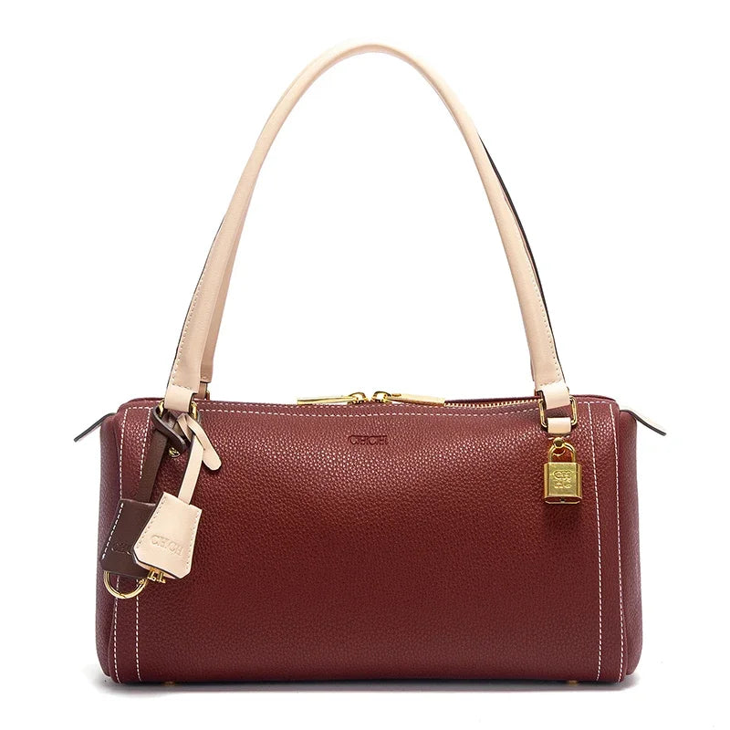 Autumn/Winter New Collection Simple Large Capacity Brown Shoulder Bag Texture Handbag Fashionable Women's Boston Bag