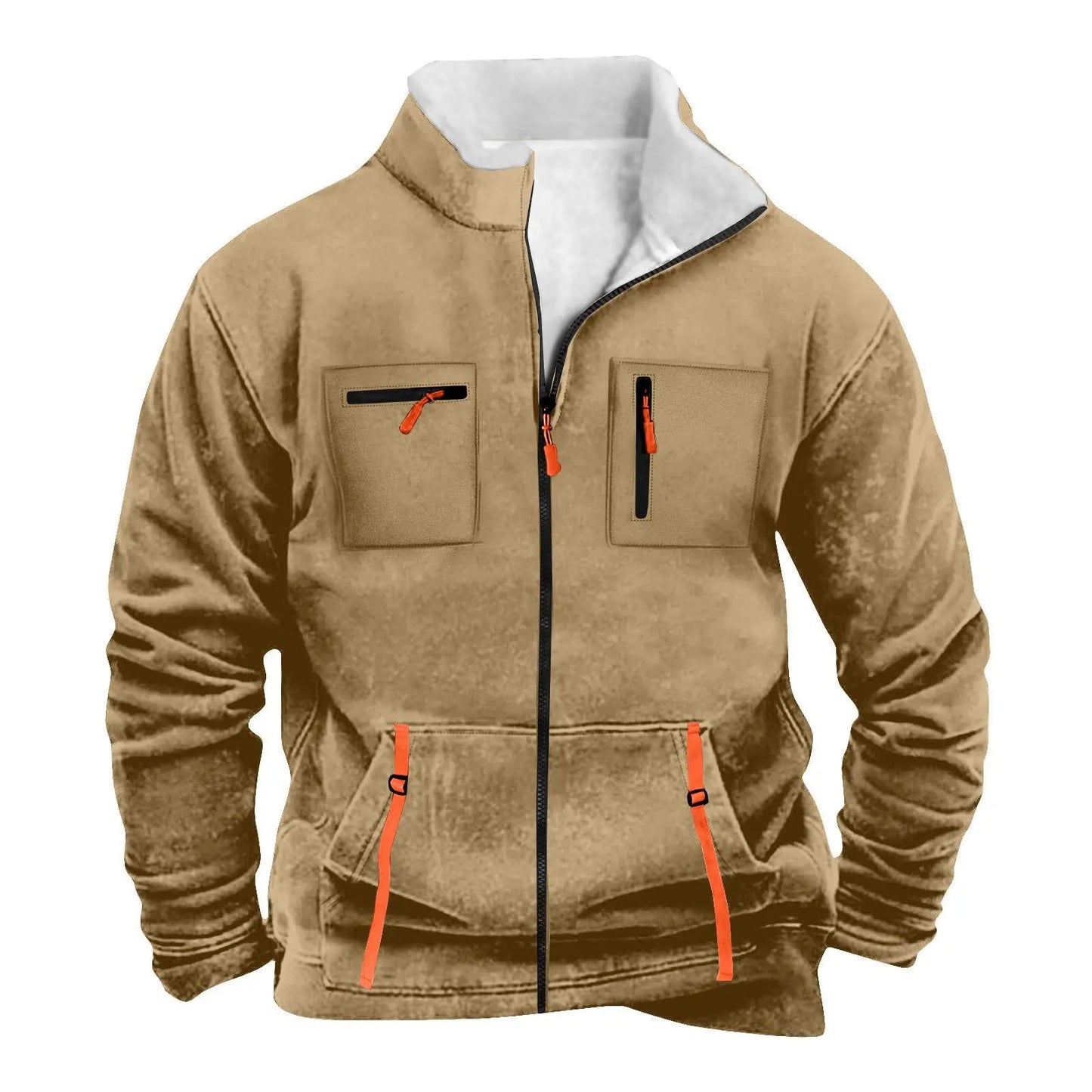 New men's autumn/winter multi-pocket zipper plain-colored pleated jacket for casual outdoor use