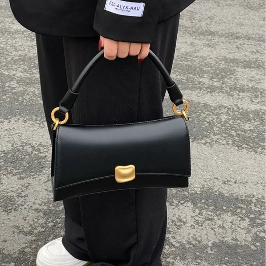 Black Flap Lock Handbags Women PU Leather Top-Handle Messenger Bag Casual Female Crossbody Bag Retro Square Shoulder Bag Purse