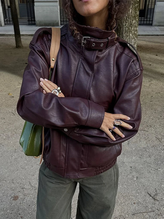 Fashion PU Leather Stand Up Coat for Women Casual Long Sleeve Zipper Lady Jackets 2025 Autumn New Female Outerwear High Street