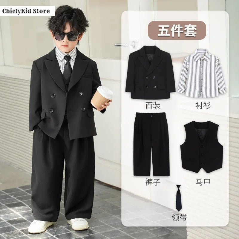 Boys Solid Double Breasted Blazer Jack Vest Pants Children Suit Waistcoat Wedding Clothes Sets Toddler Formal Dress Kids Tuxedos