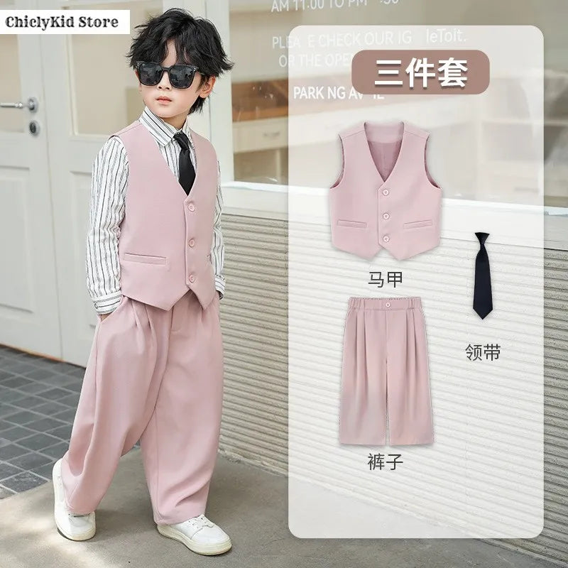 Boys Solid Double Breasted Blazer Jack Vest Pants Children Suit Waistcoat Wedding Clothes Sets Toddler Formal Dress Kids Tuxedos
