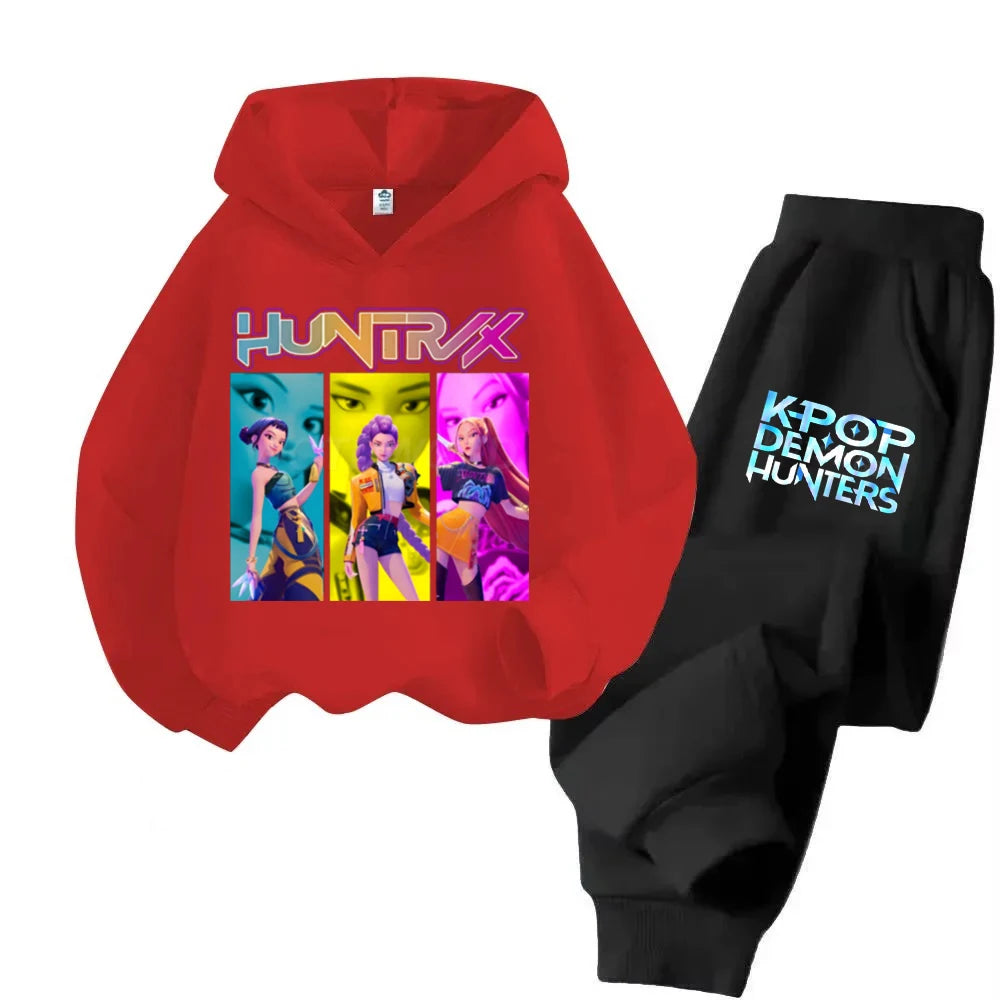Autumn KPop Demon Hunters Huntrix Hoodies + Pants Suit Kids Long Sleeve Pullover Girls Boys Clothes Comfortable Children Outfits