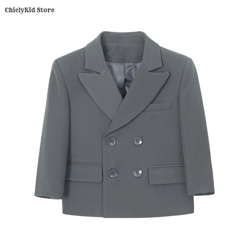 Boys Solid Double Breasted Blazer Jack Vest Pants Children Suit Waistcoat Wedding Clothes Sets Toddler Formal Dress Kids Tuxedos