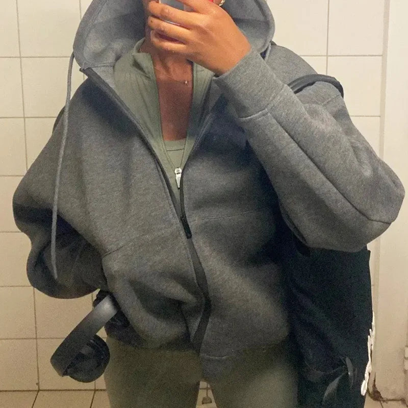 HXAO Hoodie Woman Outerwears Long Sleeve Demi-Season Women Jacket Coat Casual Sweatshirt With Zipper Grey Black Jacket Coats