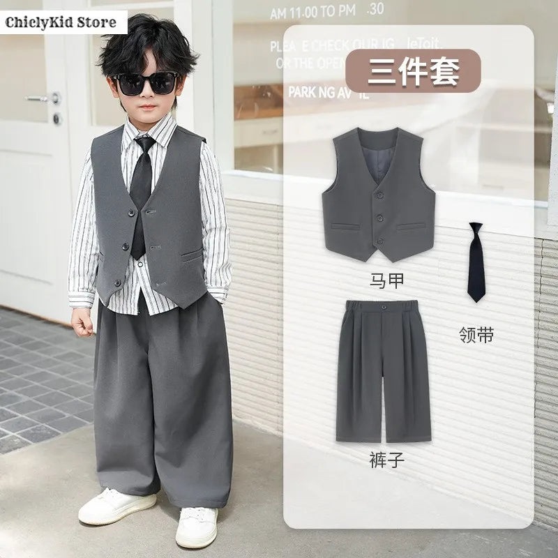 Boys Solid Double Breasted Blazer Jack Vest Pants Children Suit Waistcoat Wedding Clothes Sets Toddler Formal Dress Kids Tuxedos