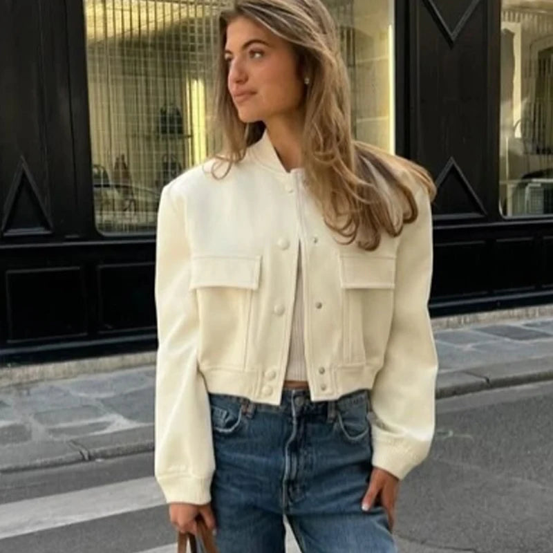 HXAO Women's Jackets Coat Demi-Season New In Bomber Jackets Long Sleeve Cropped Black Jacket Button Casual Aviator Jacket Woman