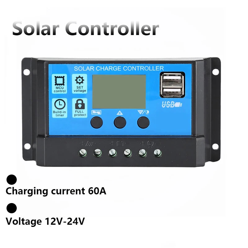 60A PWM Solar Charge Controller 12V 24V with LCD Display Dual USB Voltage