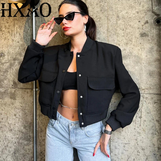 HXAO Women's Jackets Coat Demi-Season New In Bomber Jackets Long Sleeve Cropped Black Jacket Button Casual Aviator Jacket Woman