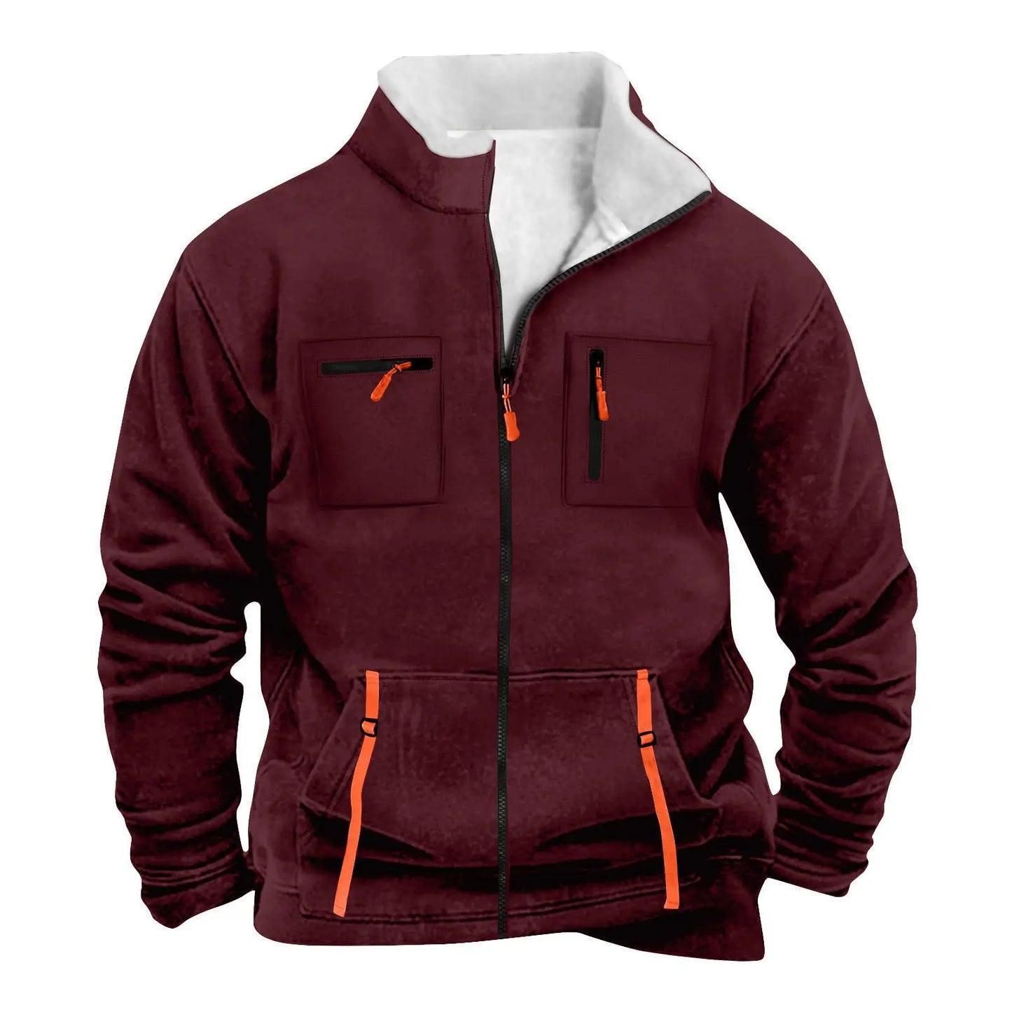 New men's autumn/winter multi-pocket zipper plain-colored pleated jacket for casual outdoor use