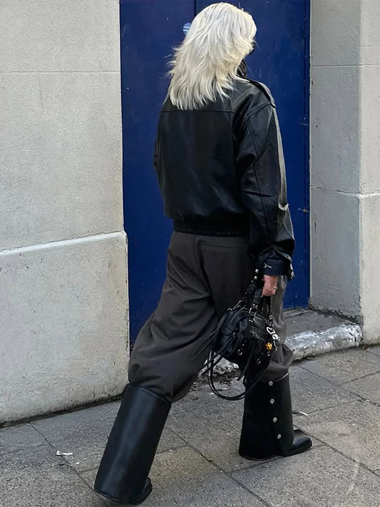 Fashion PU Leather Stand Up Coat for Women Casual Long Sleeve Zipper Lady Jackets 2025 Autumn New Female Outerwear High Street