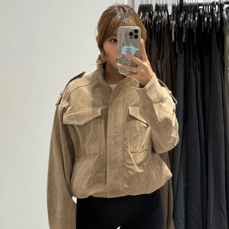 HXAO Leather Jacket Women Autumn Oversized Bomber Jacket New In Coats & Jackets Stand Collar Long Sleeve Tops Fashion Outerwears