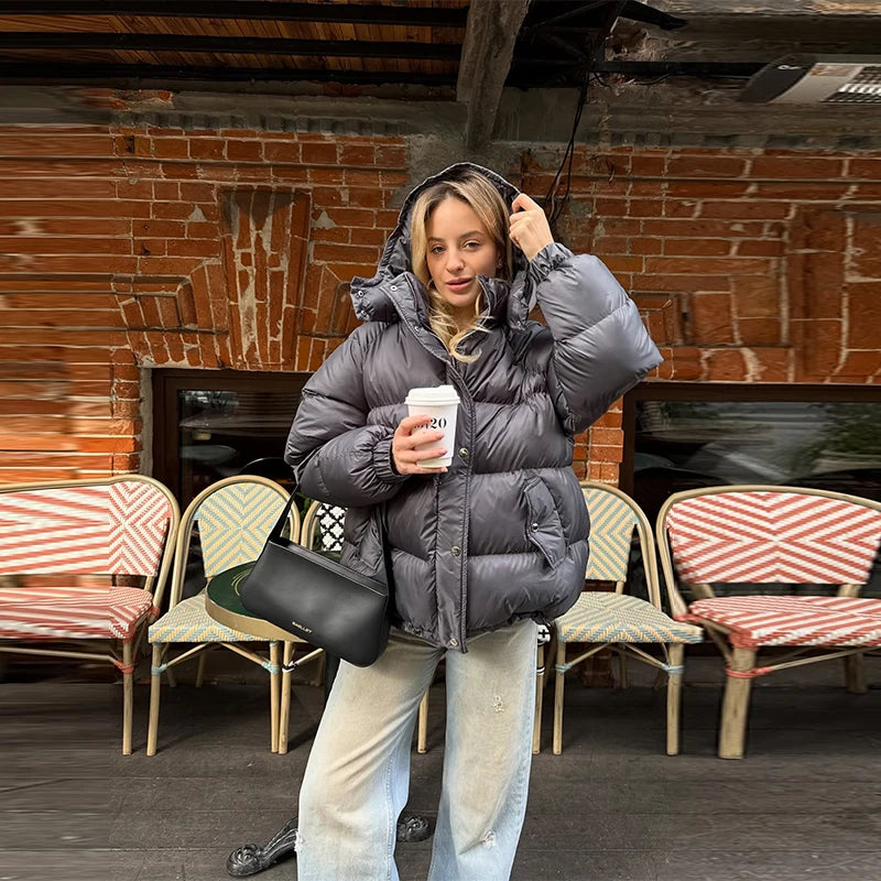 Hooded Women's Puffer Winter Jackets 2025 Loose Stand Collar Zipper Full Sleeve Pockets Coats Lady Solid Street Warm Down Jacket