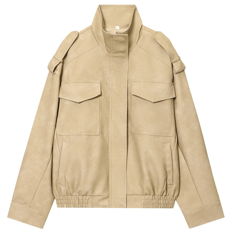 HXAO Leather Jacket Women Autumn Oversized Bomber Jacket New In Coats & Jackets Stand Collar Long Sleeve Tops Fashion Outerwears