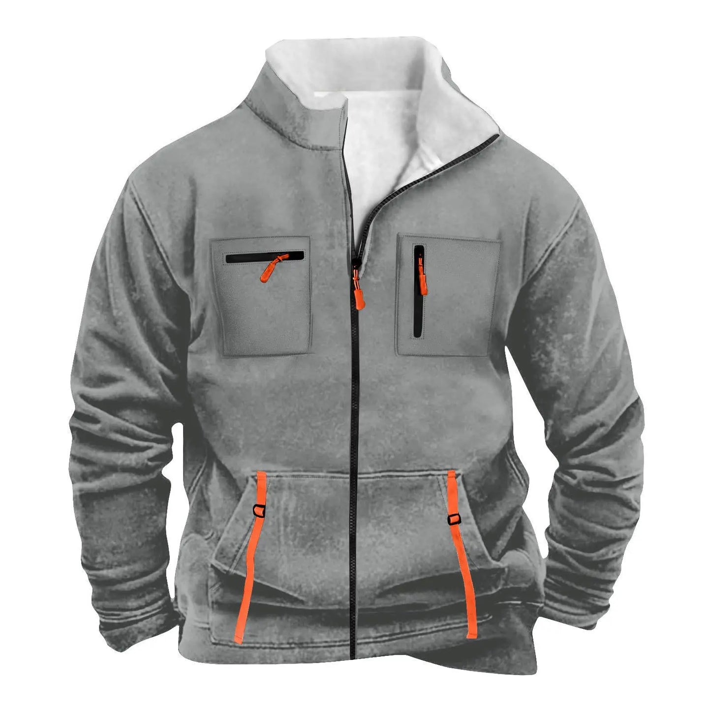 New men's autumn/winter multi-pocket zipper plain-colored pleated jacket for casual outdoor use