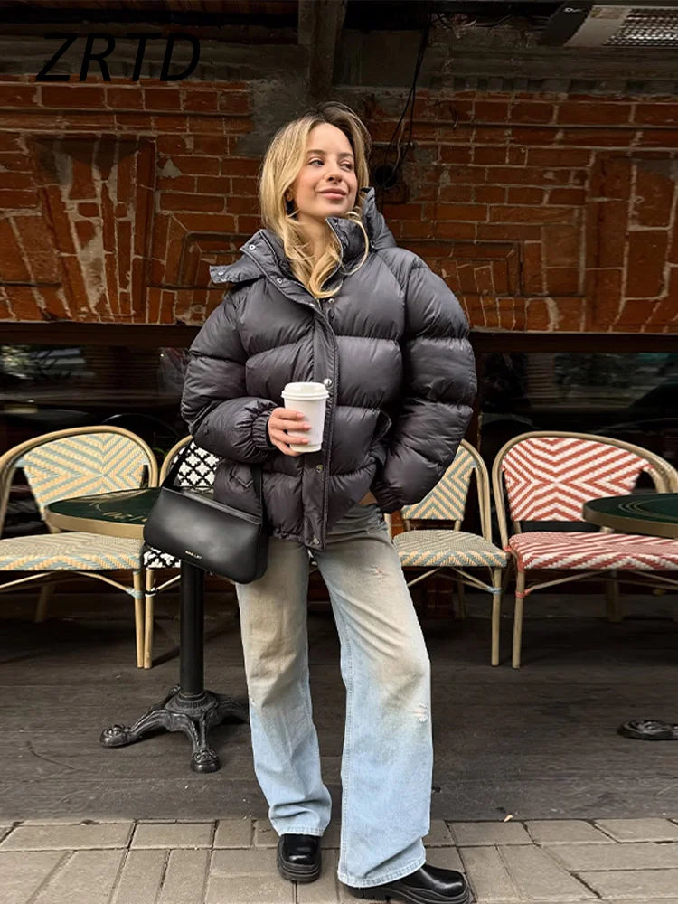 Hooded Women's Puffer Winter Jackets 2025 Loose Stand Collar Zipper Full Sleeve Pockets Coats Lady Solid Street Warm Down Jacket