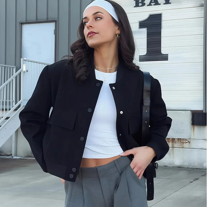 HXAO Women's Jackets Coat Demi-Season New In Bomber Jackets Long Sleeve Cropped Black Jacket Button Casual Aviator Jacket Woman