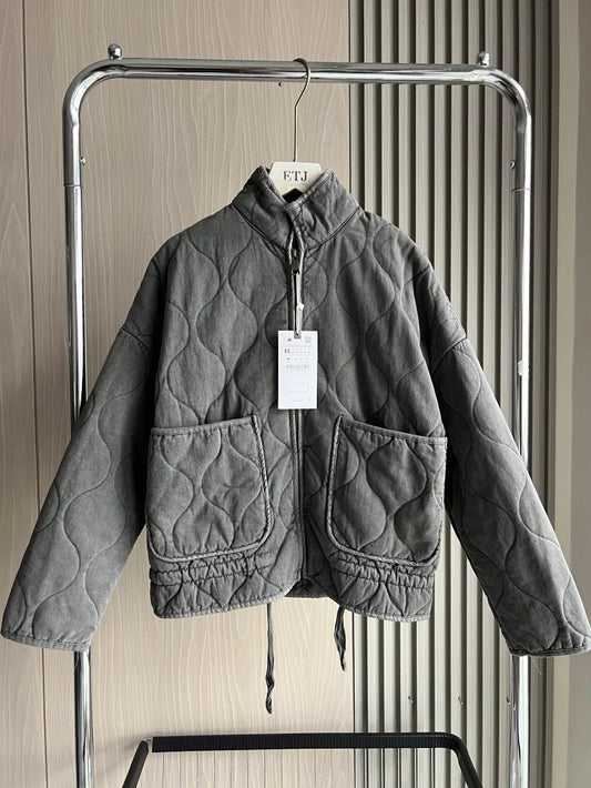 ZW Women's Cotton Jacket  2025 New Arrival Vintage Lenzing Rayon High Collar Large Pocket Decorative Quilted Coat for Women