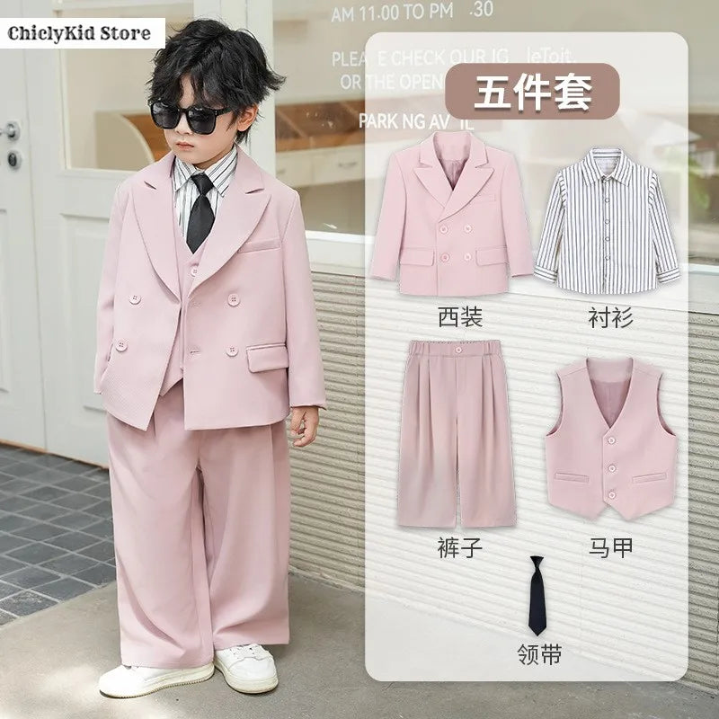 Boys Solid Double Breasted Blazer Jack Vest Pants Children Suit Waistcoat Wedding Clothes Sets Toddler Formal Dress Kids Tuxedos
