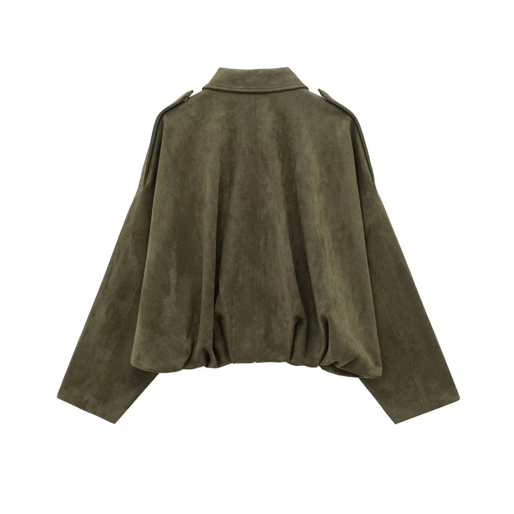 2025 Women Faux Suede Collared Jacket with Shoulder Straps Loose Fit Stylish Olive Green for Sale on