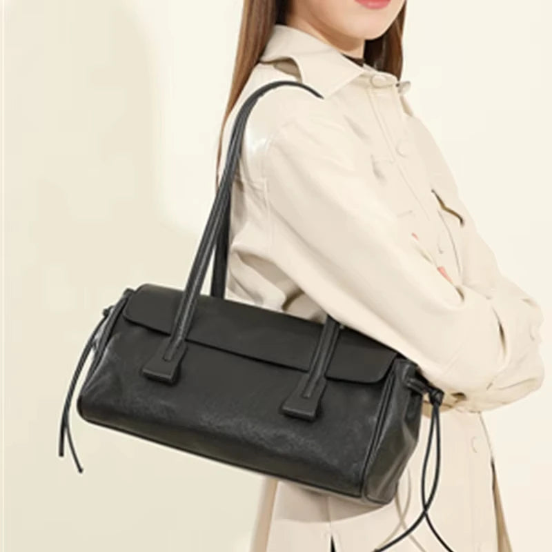 2025 New Genuine Leather Women's Shoulder Bag Large Capacity Cowhide Luxury Handbag Long Strip Black Baguette Bag Female