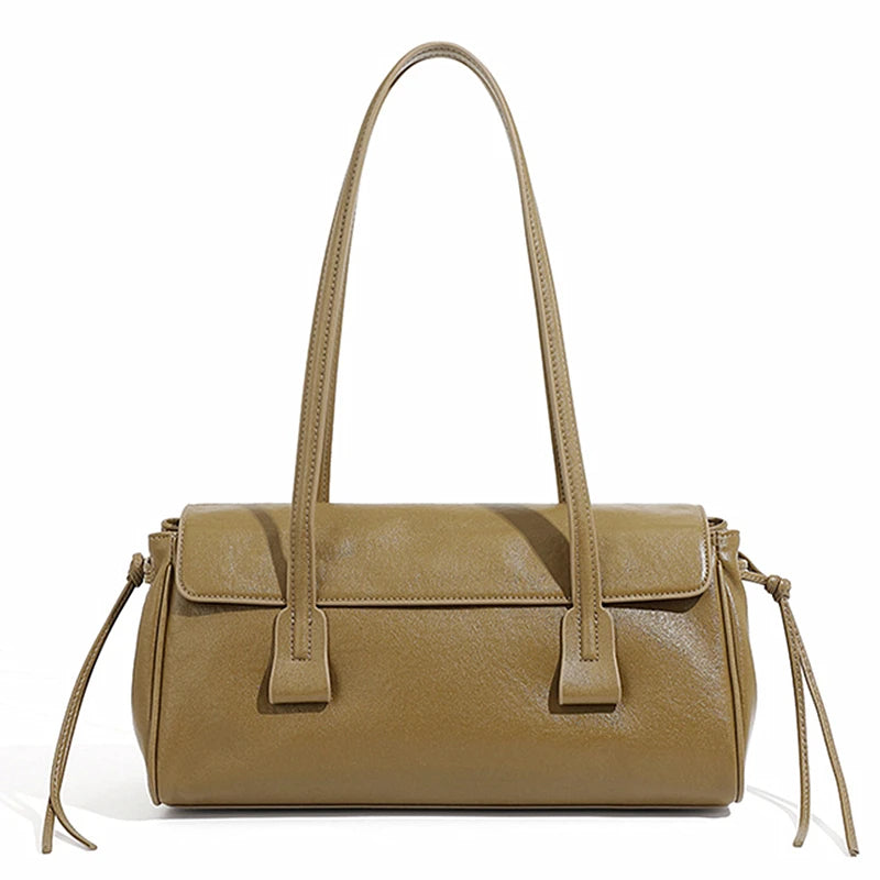 2025 New Genuine Leather Women's Shoulder Bag Large Capacity Cowhide Luxury Handbag Long Strip Black Baguette Bag Female