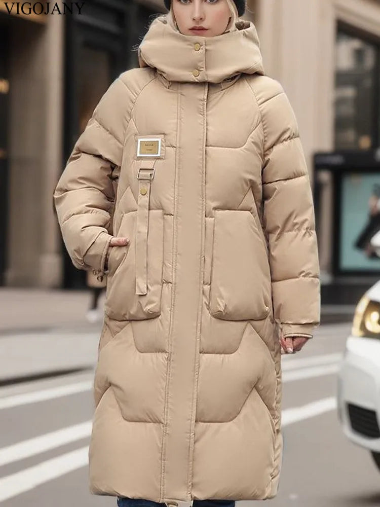 2025 Women Casual Long Sleeve Plus Size Coat Winter Khaki Chubby Down Cotton Jacket Lady Zipper Hooded Thick Warm Big Outwear