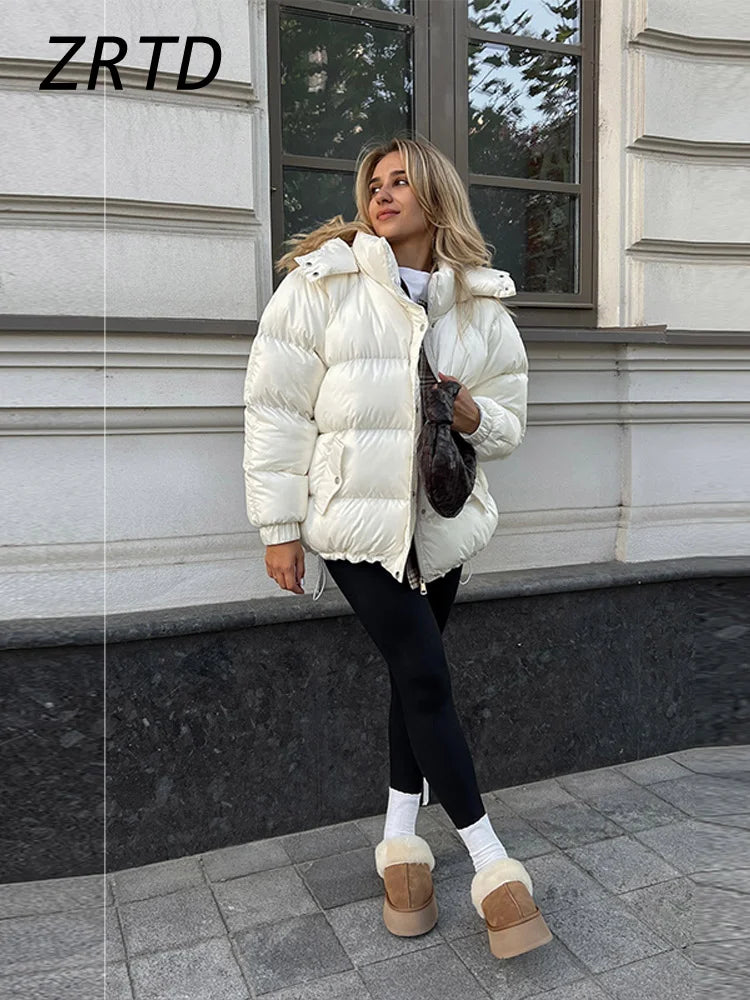 Hooded Women's Puffer Winter Jackets 2025 Loose Stand Collar Zipper Full Sleeve Pockets Coats Lady Solid Street Warm Down Jacket