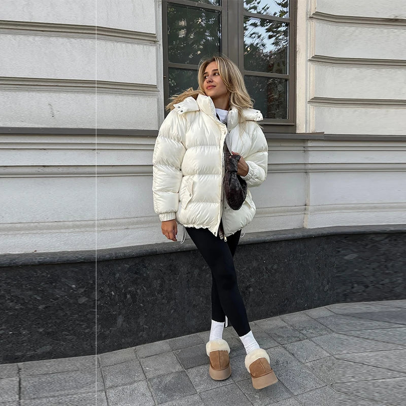 Hooded Women's Puffer Winter Jackets 2025 Loose Stand Collar Zipper Full Sleeve Pockets Coats Lady Solid Street Warm Down Jacket